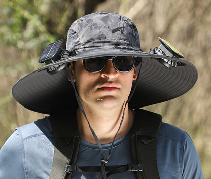Wide-Brimmed Solar Fan Outdoor Hat - Solar & USB Charging