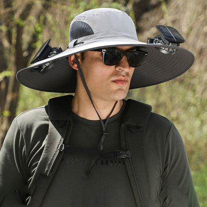 Wide-Brimmed Solar Fan Outdoor Hat - Solar & USB Charging