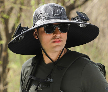 Wide-Brimmed Solar Fan Outdoor Hat - Solar & USB Charging